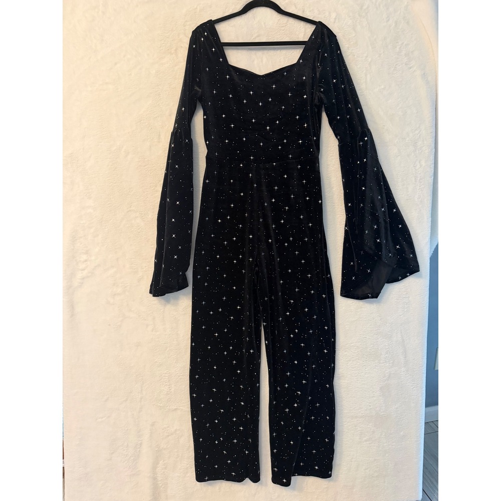 Celestial Star Print Velvet Jumpsuit Black Bell Sleeve Wide Leg Sweetheart Neck